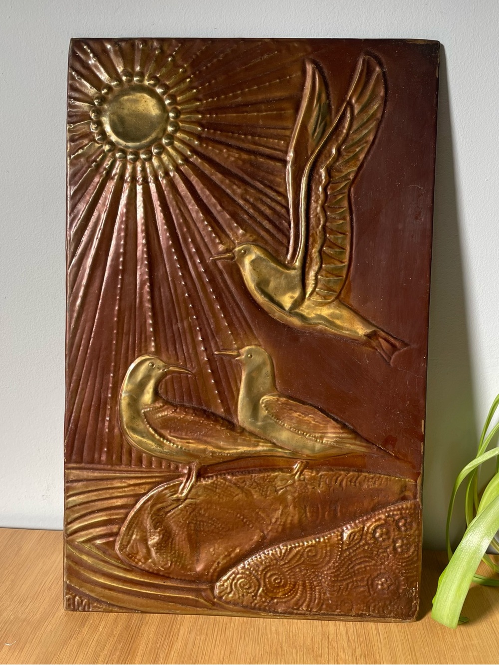Vintage MCM Soviet Copper Repoussé Chekanka Wall Art Seagulls & Sun 9x14